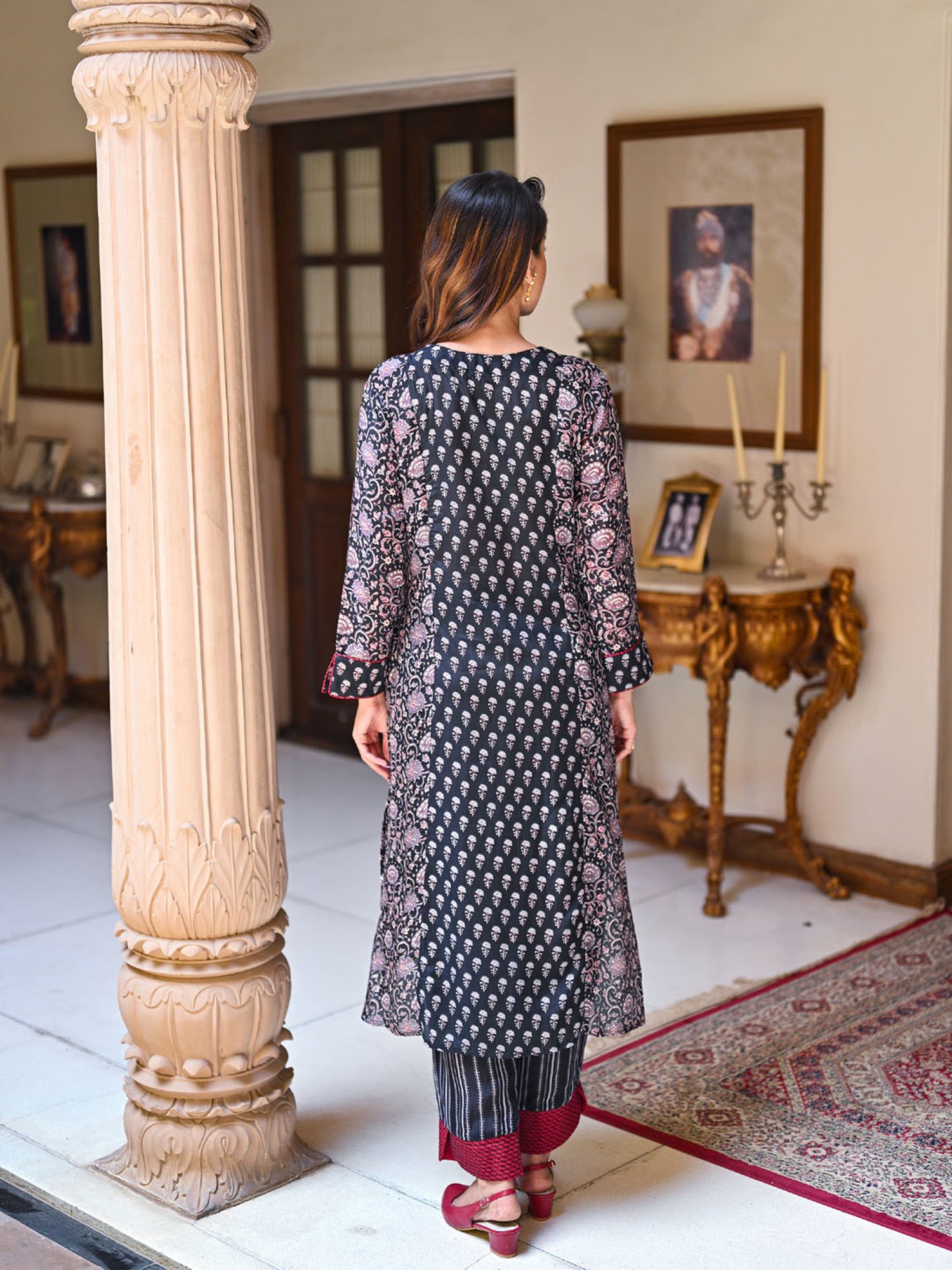 Mahee Jaipur Black and Red Panel Block Print Pure Muslin Kurta Set