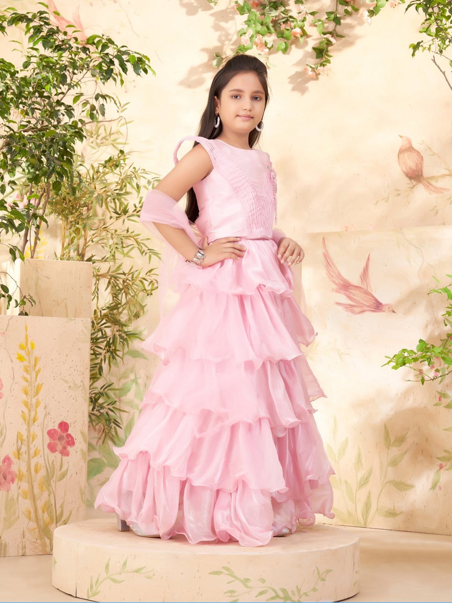 Aarika Girls Pink Embellished Lehenga, Choli, Dupatta with Unstitched Sleeves