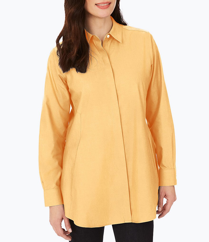 Foxcroft Cici Solid Non-Iron Pinpoint Oxford Long Sleeve Point Collar Neck Button Front Tunic