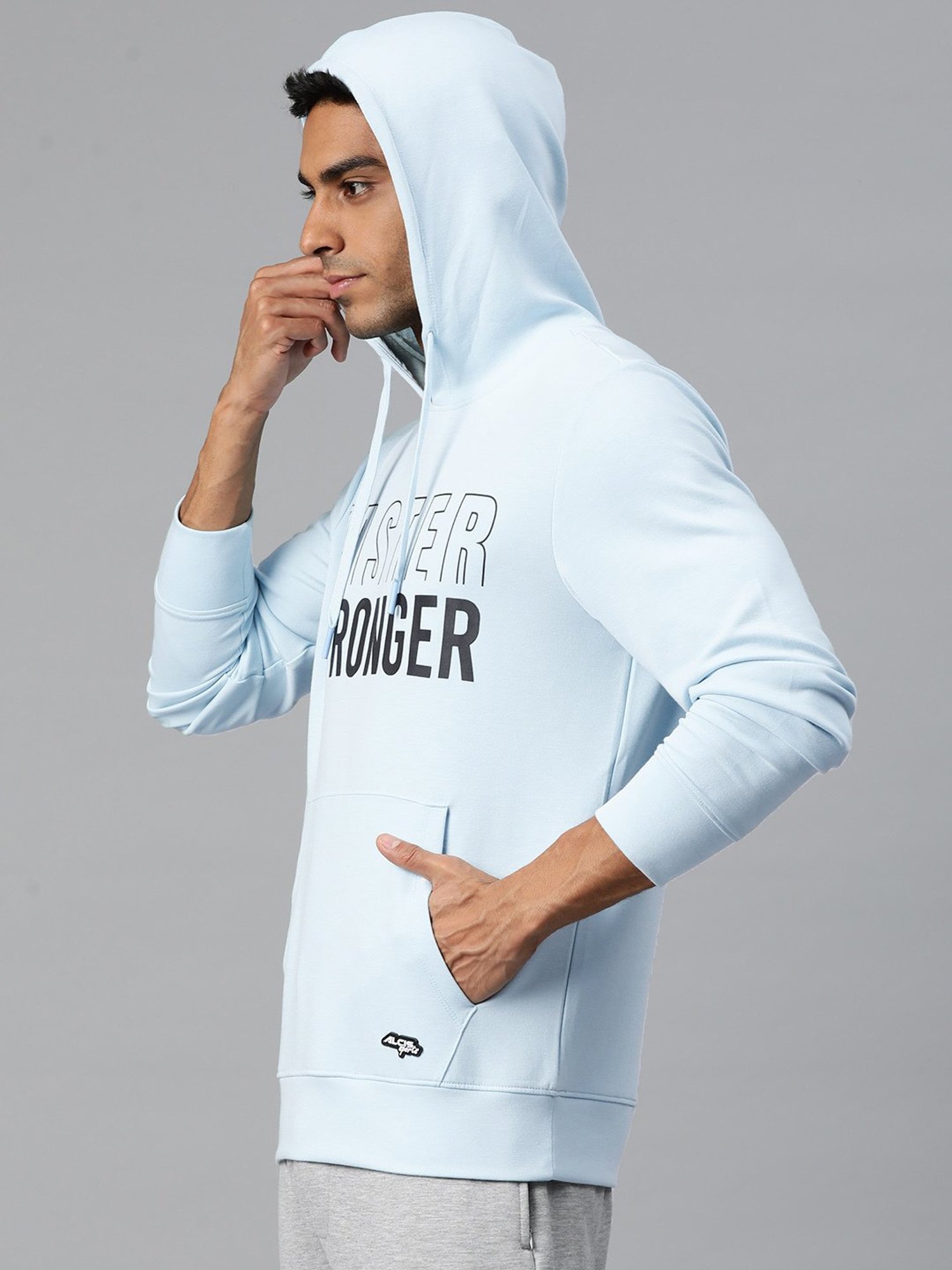 ALCIS Light Blue Slim Fit Printed Hooded Sweatshirt