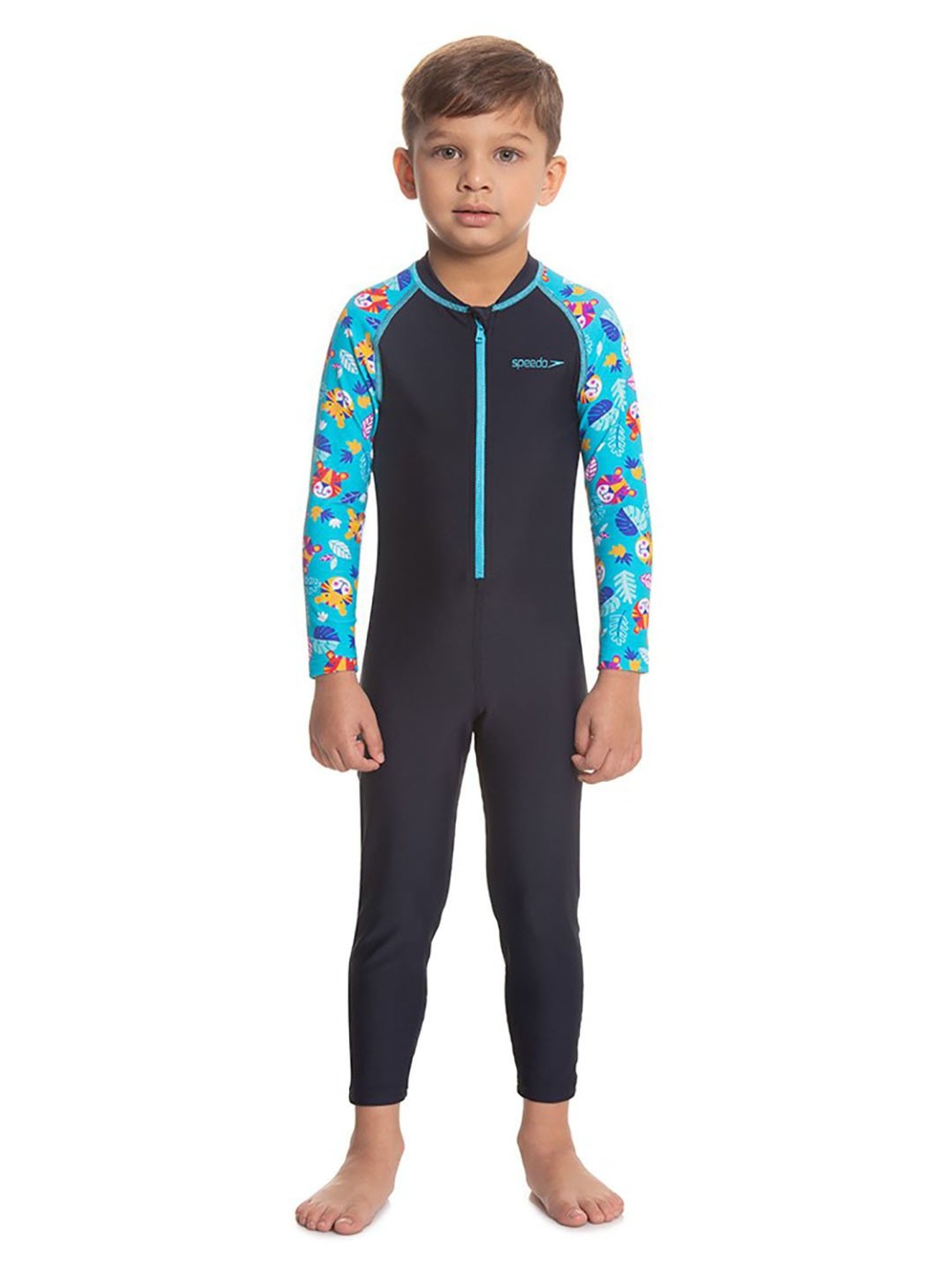 Speedo Kids Blue & Black Color Block Full Sleeves Swimsuit