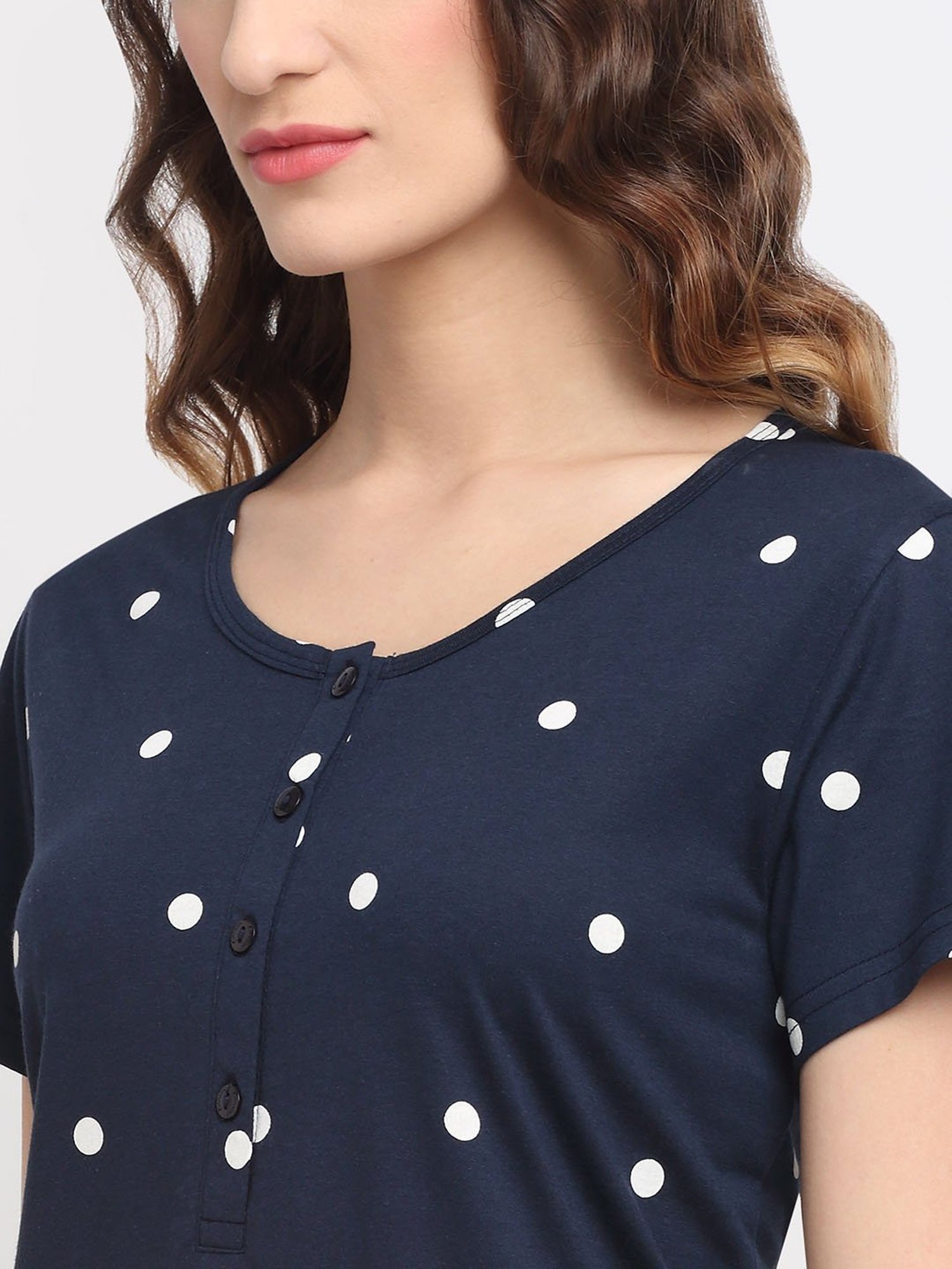 Kanvin Navy Blue Polka Dot Night Dress