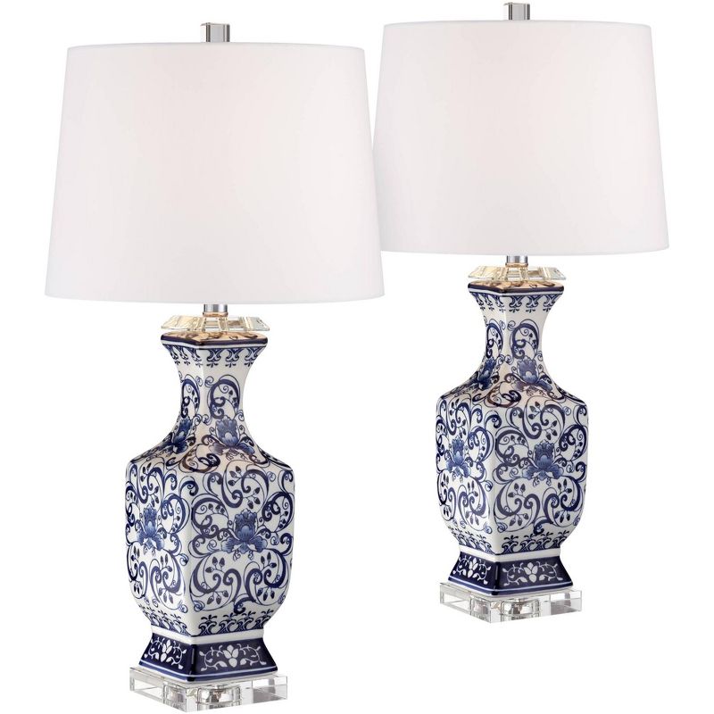 Barnes and Ivy Asian Table Lamps Set of 2 Porcelain Blue Floral Jar Geneva White Drum Shade for Living Room Family Bedroom Bedside