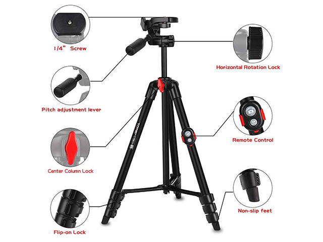 Portable Phone Tripod 44" Adjustable Travel Video Tripod Stand with Phone Mount Holder Compatible with Cell Phone Tripod, Action Camera Tripod, DSLR Tripod with Wireless Remote Shutter, PH13