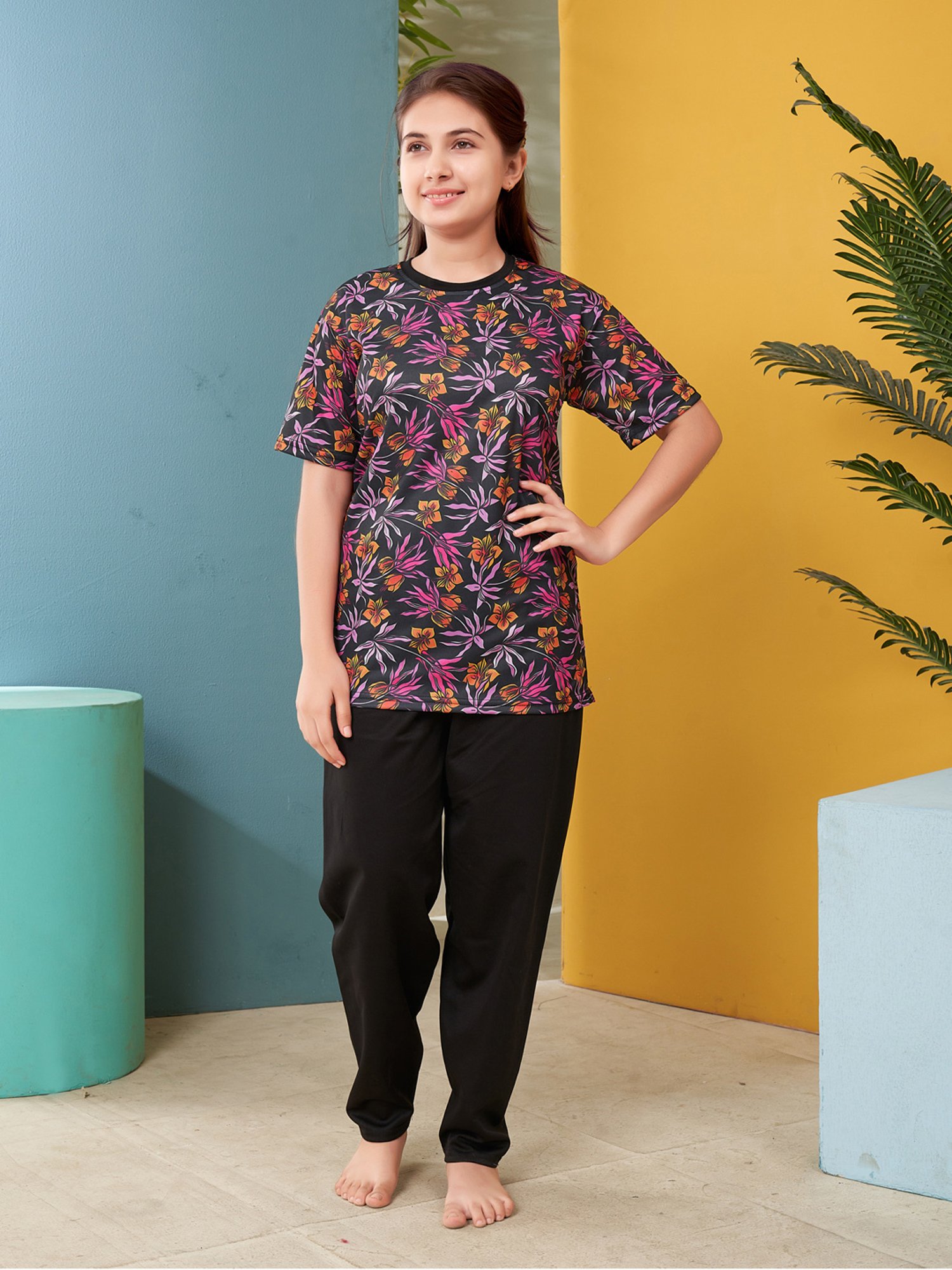 Aarika Kids Pink & Black Floral Print Top with Capri