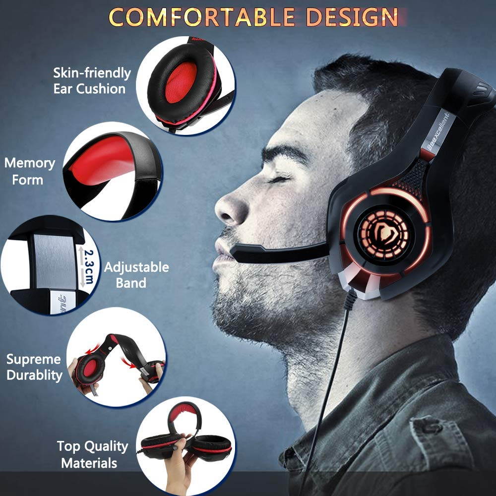Beexcellent GM-1  Gaming Headset for PS4 Xbox One PC Gaming Headphone with Crystal Stereo Bass Surround Sound, LED Lights & Noise-Isolation Microphone