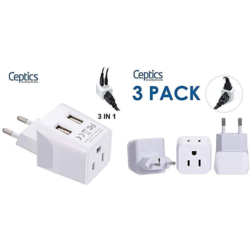 Europe Travel Adapter,  Ultra Compact Dual USB Power Plug - for European Type C - 3 Inputs & European Travel Plug Adapter,  Europe Power Adaptor Charger Dual Input - Ultra Compact