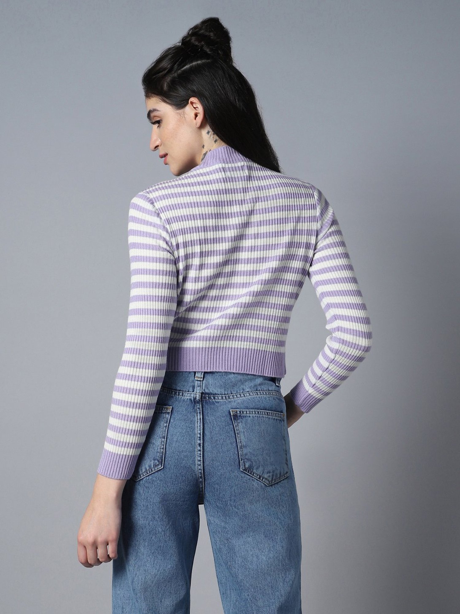 High Star White & Lavender Striped Sweater