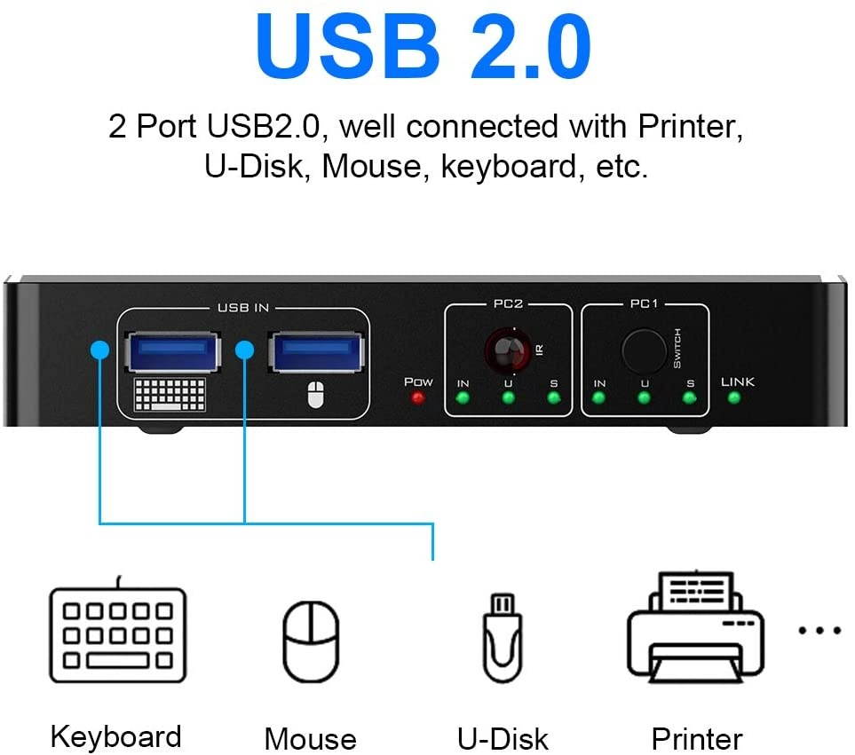 Eletrand HDMI KVM Switch 2 Port in 1 Port Out Sharing 2 Computers with One Keyboard Mouse Monitor HUD 4K (3840x2160) USB KVM Hotkey Metal Switch with USB Cable for Wireless Keyboard and Mouse