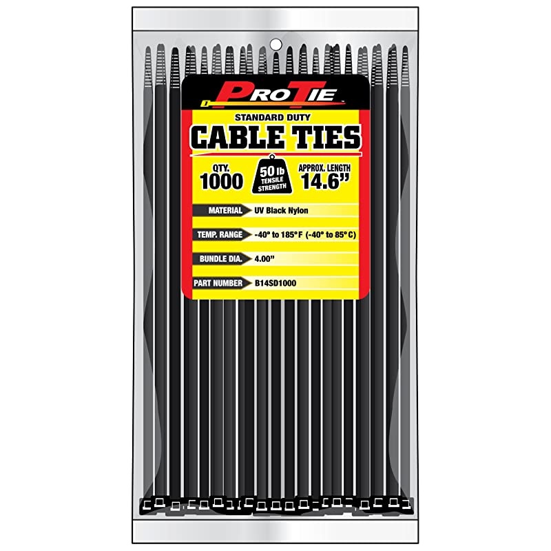B14SD1000 146Inch Standard Duty Cable Tie UV Black Nylon 1000Pack