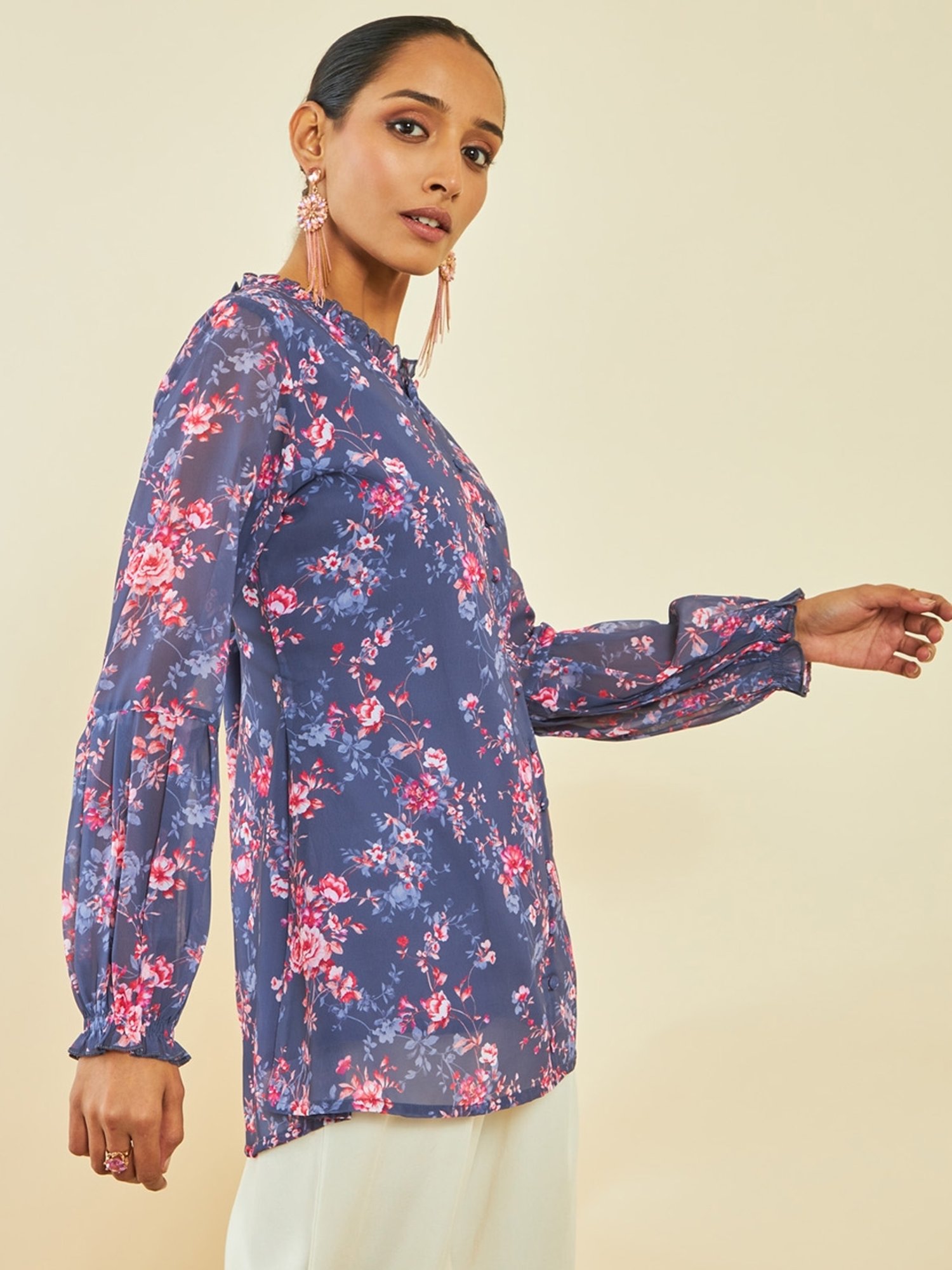 Soch Purple Georgette Floral Print Tunic with Puff Sleeves