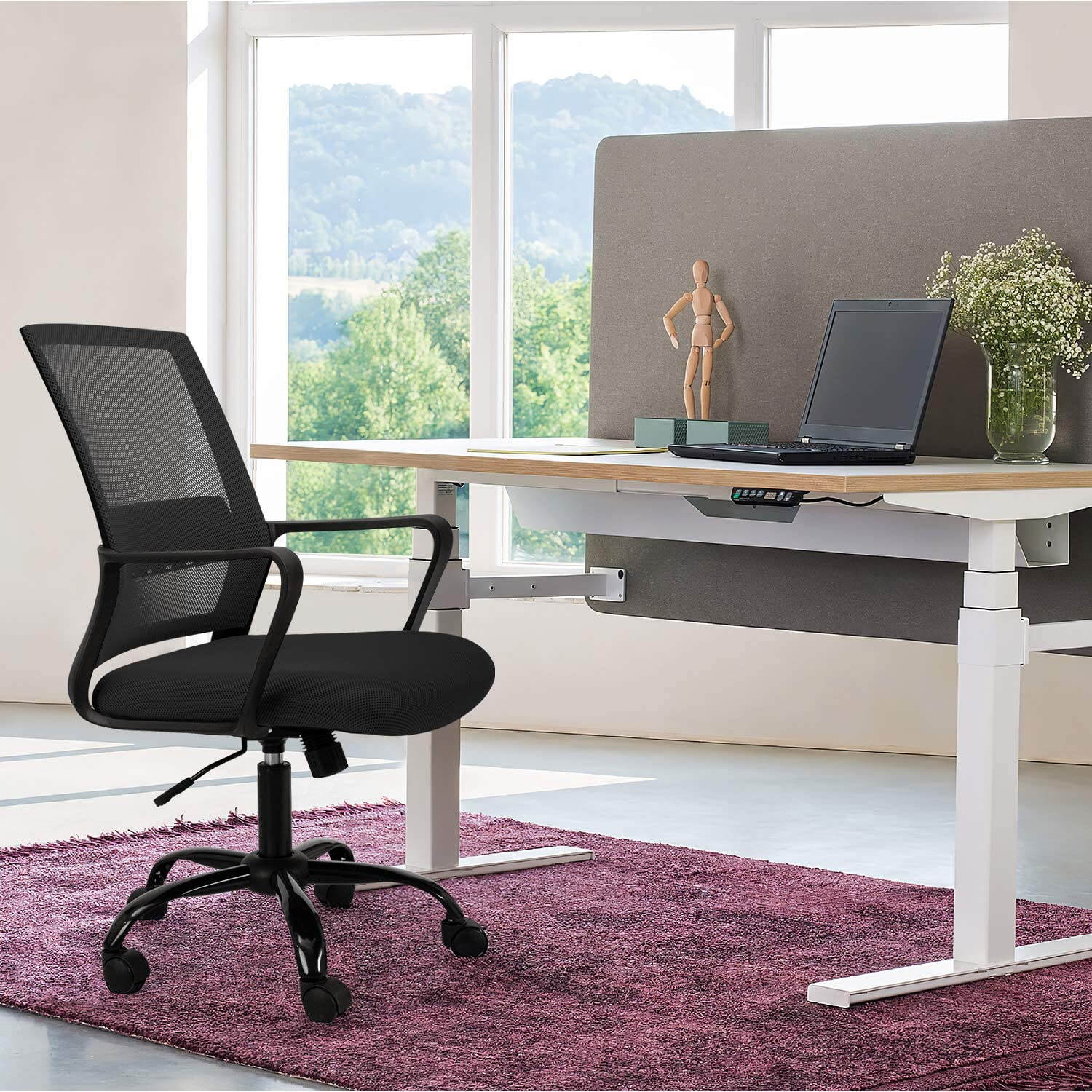 Furmax Office Ergonomic Mesh Desk Modern Mid Back Task Home Chair with Lumber Support and Armrest (Black)