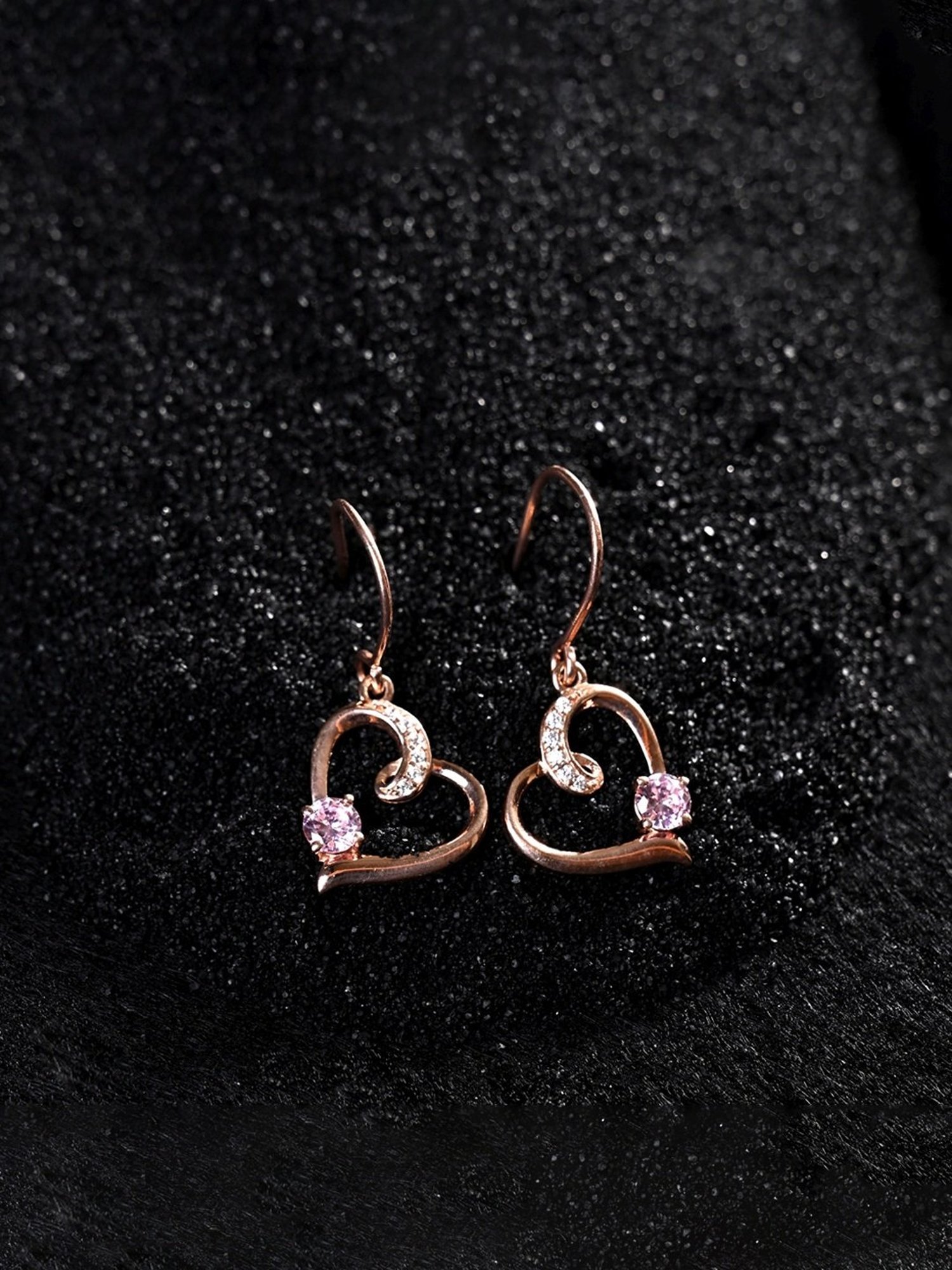 Clara 925 Silver Rose Gold-Plated Swiss Zirconia Pink Heart Dangler Earrings