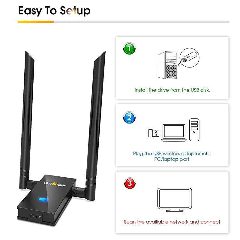USB WiFi Adapter for Long Distance, 2.4 / 5GHz Dual Band Wireless Adapter USB 3.0 Network Card for Laptop Desktop PC Support Win 7/8.1/10/XP/Vista, Mac OS X10.6-10.15, USB Flash Driver Include