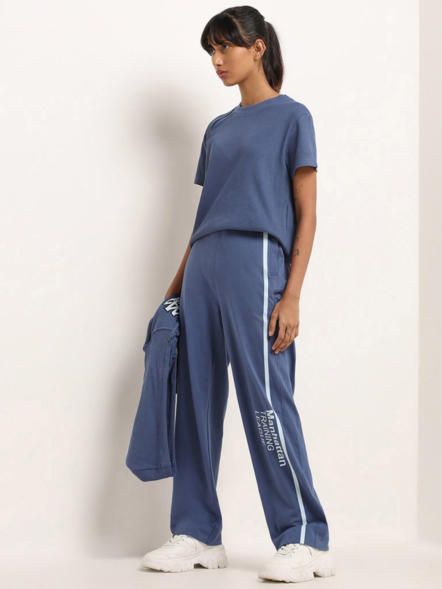 Studiofit by Westside Blue Ribbed Textured T-Shirt