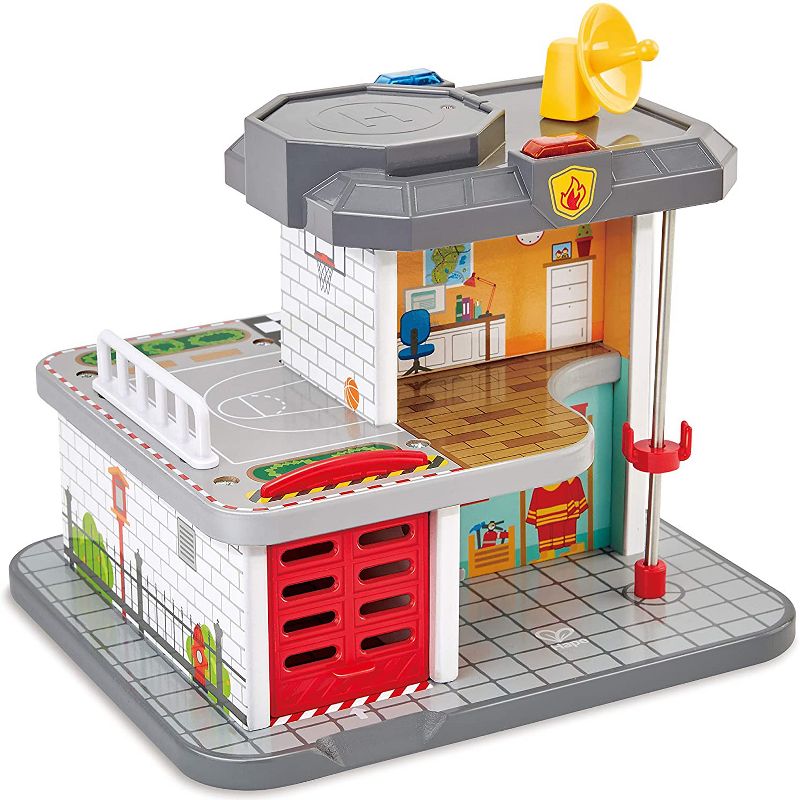 Select marketplaces Hape Emergency Services HQ 2 In 1 Police and Fire Station Complete Play Toy Set with Vehicles and Action Figures