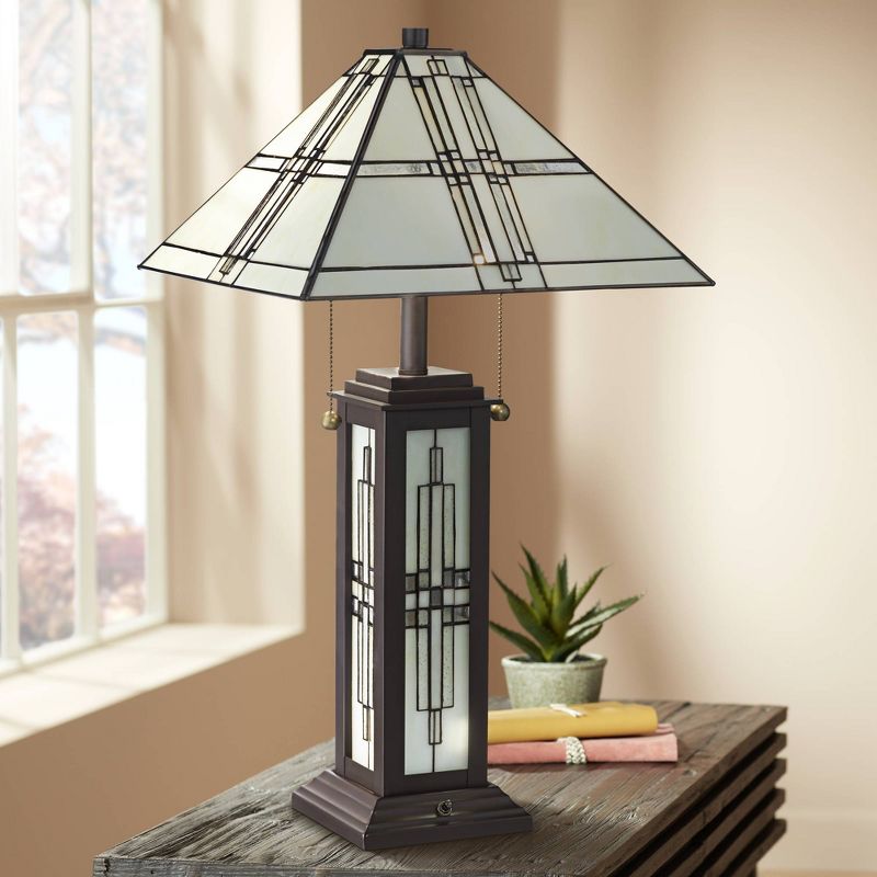 Robert Louis Tiffany Mission Table Lamp with Nightlight LED Oil Rubbed Bronze Geometric Stained Glass Shade Living Room Bedroom