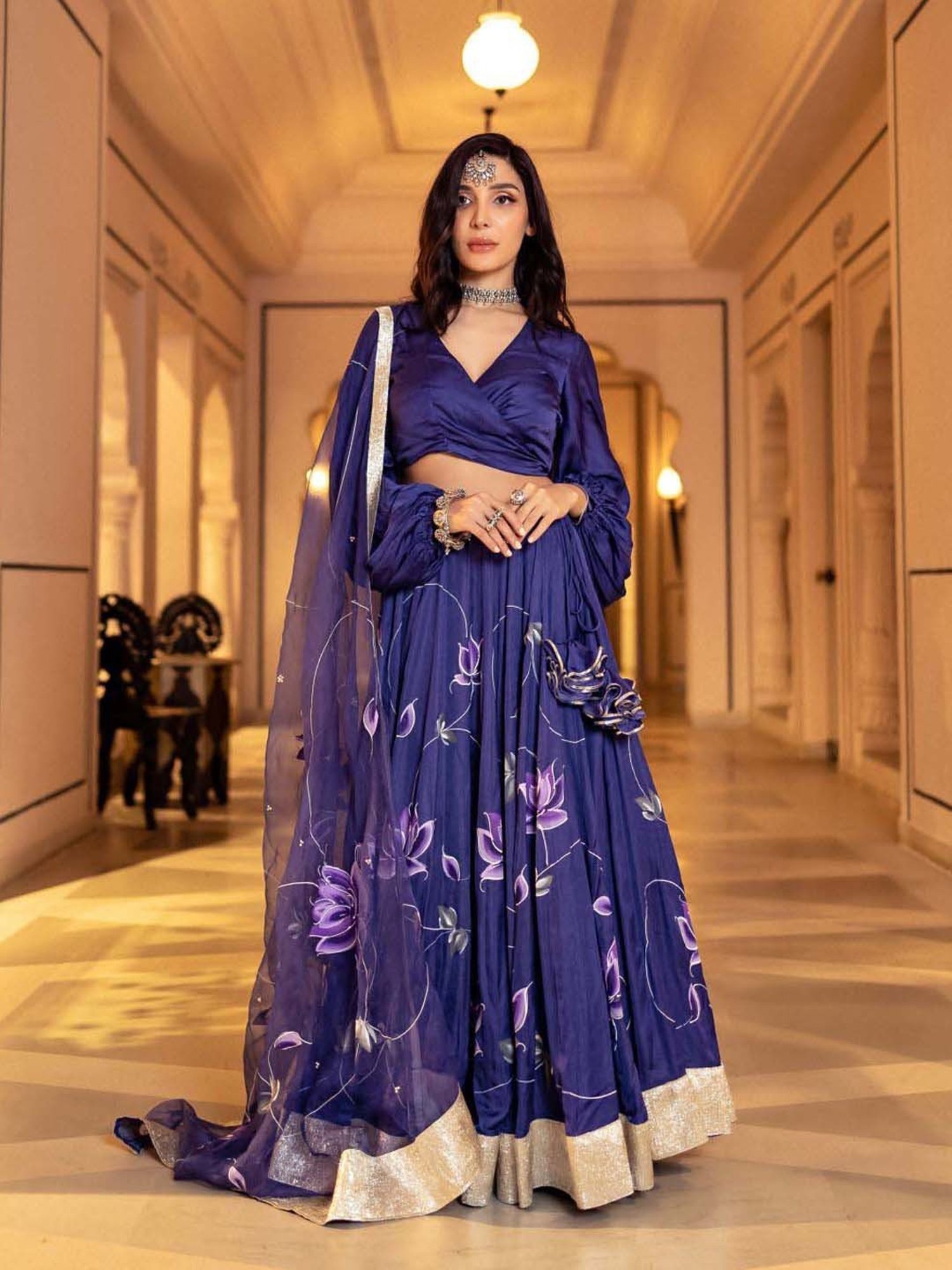 AACHHO Purple Floral Print Lehenga Choli Set With Dupatta