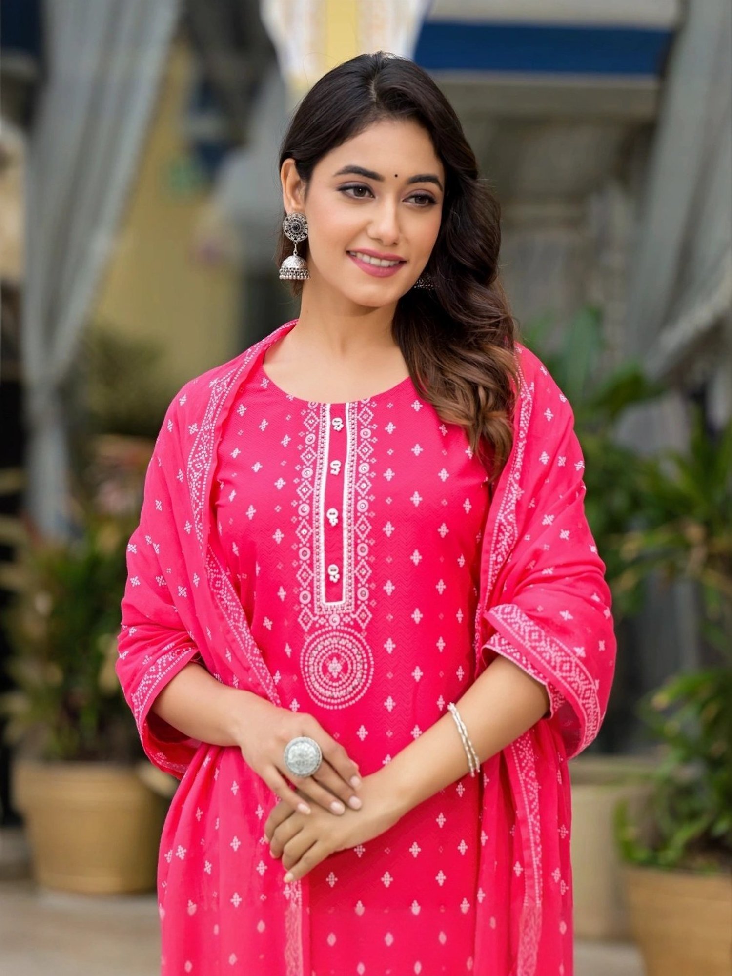 Juniper Pink Embellished Kurta Pant Set With Dupatta