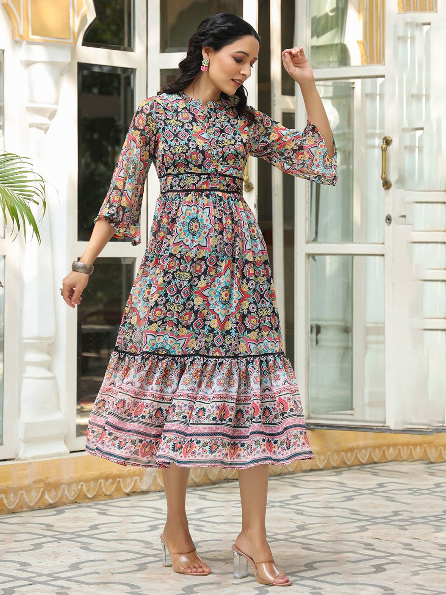 Juniper Black Geometric Printed Chiffon Tiered Maxi Dress With Buttons