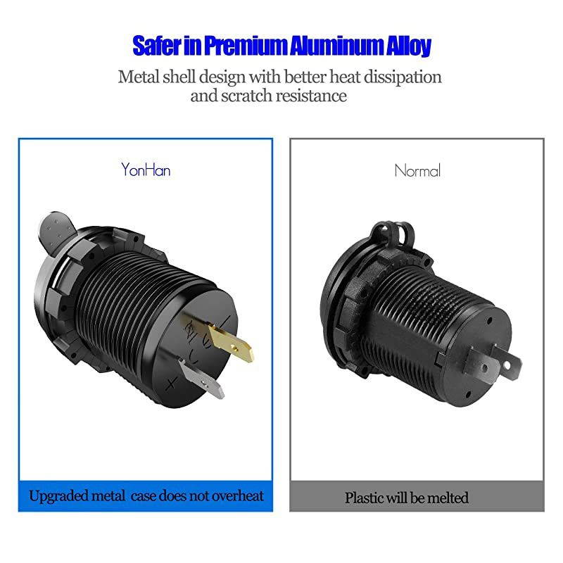 36W Quick Charge 3.0 Dual USB Car Charger Socket, Metal Waterproof 12V USB Outlet with Blue LED & 10A Fuse for 12V/24V Marine Boat Golf Cart Truck Motorcycle and More