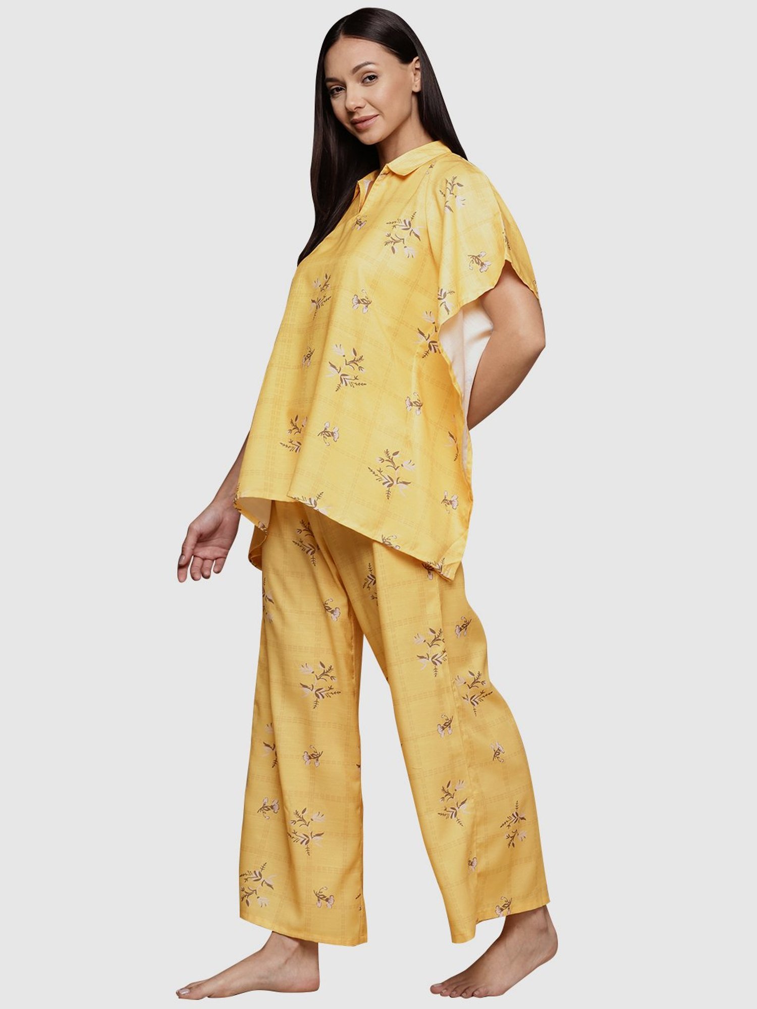 Ziyaa Yellow Floral Print Kaftan Pyjama Set