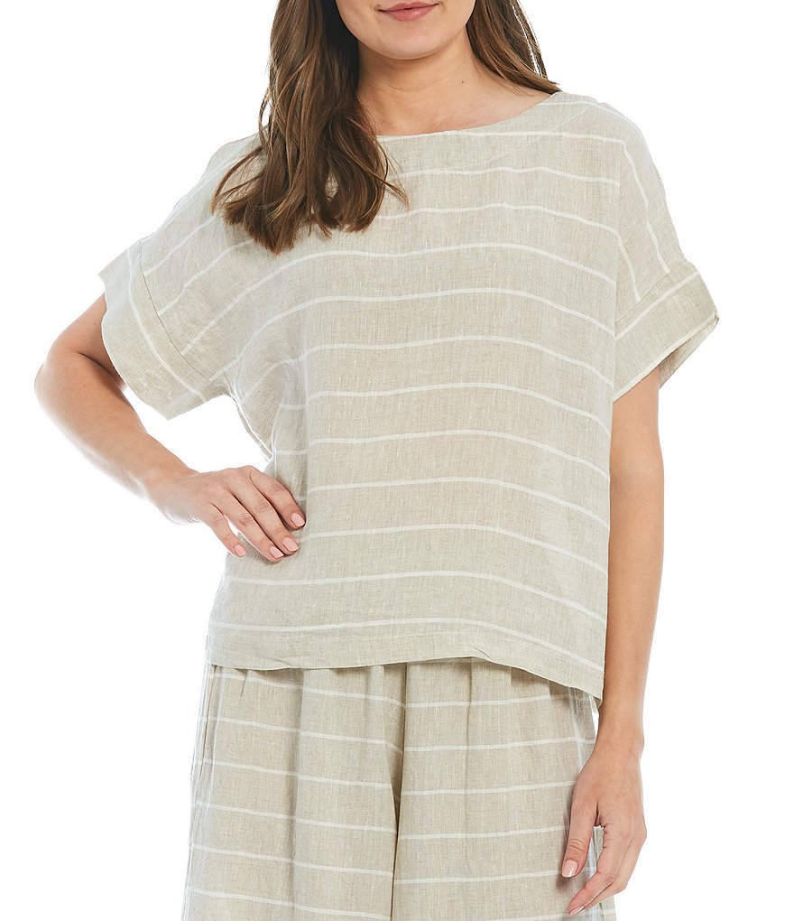 Bryn Walker Orla Stripe Linen Round Neck Cap Sleeve Shirt