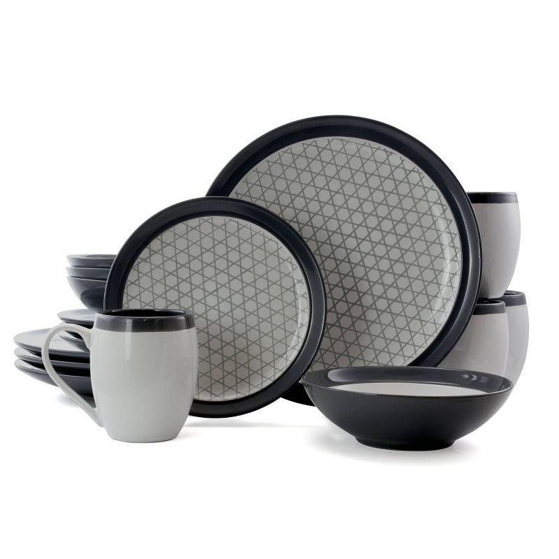 16pc Stoneware Pin Stripe Dinnerware Set Black/Gray - Elama