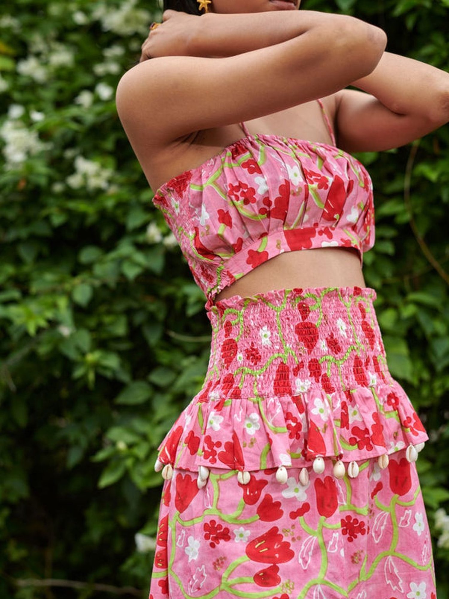 Khajoor Studio Pink Sundaze Le Blush Fleur Midi Smocked Skirt