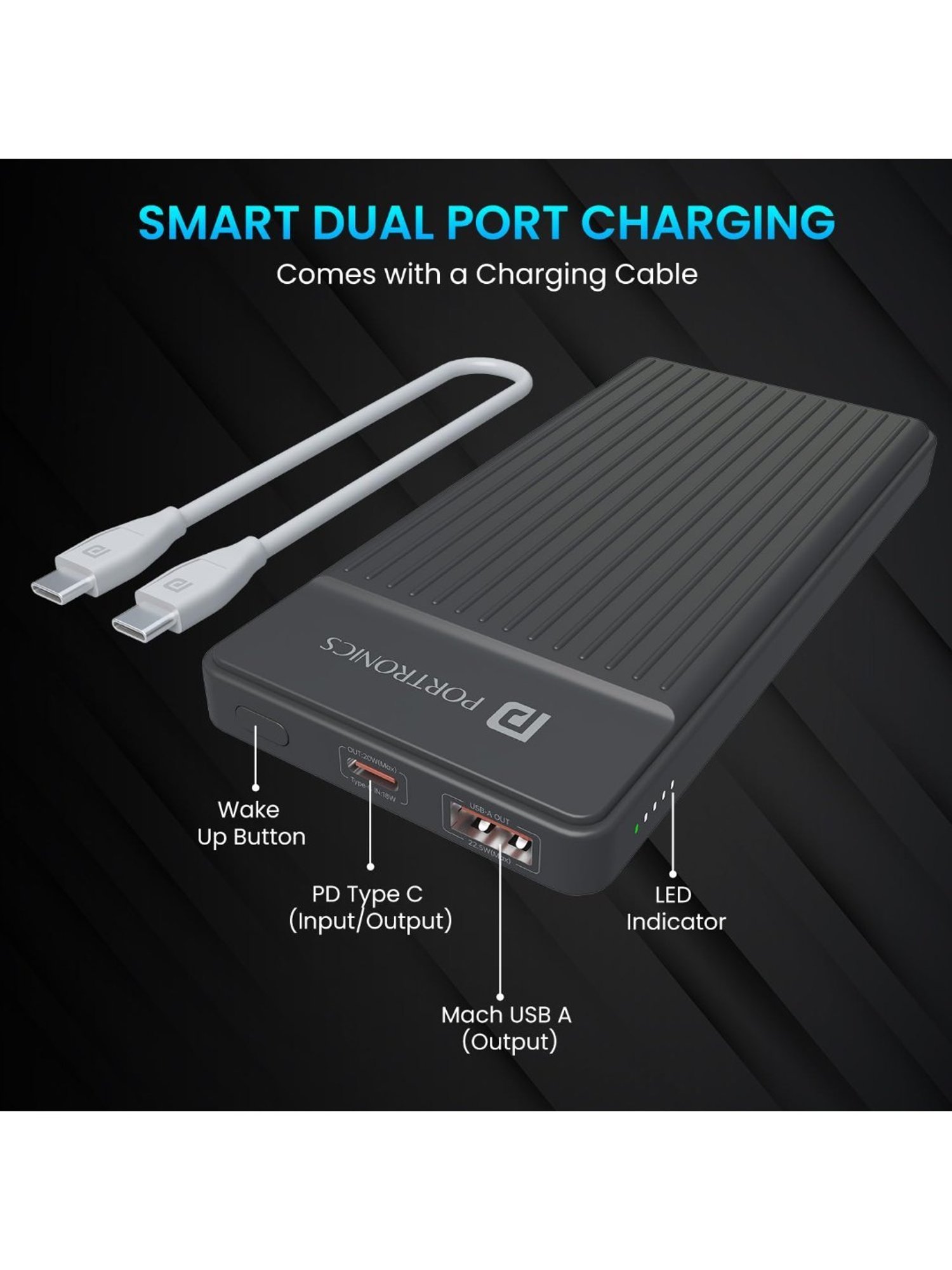 Portronics Luxcell B 10000mAh Power Bank 22.5W with Fast Charging & Mach USB A Output (Dark Grey)