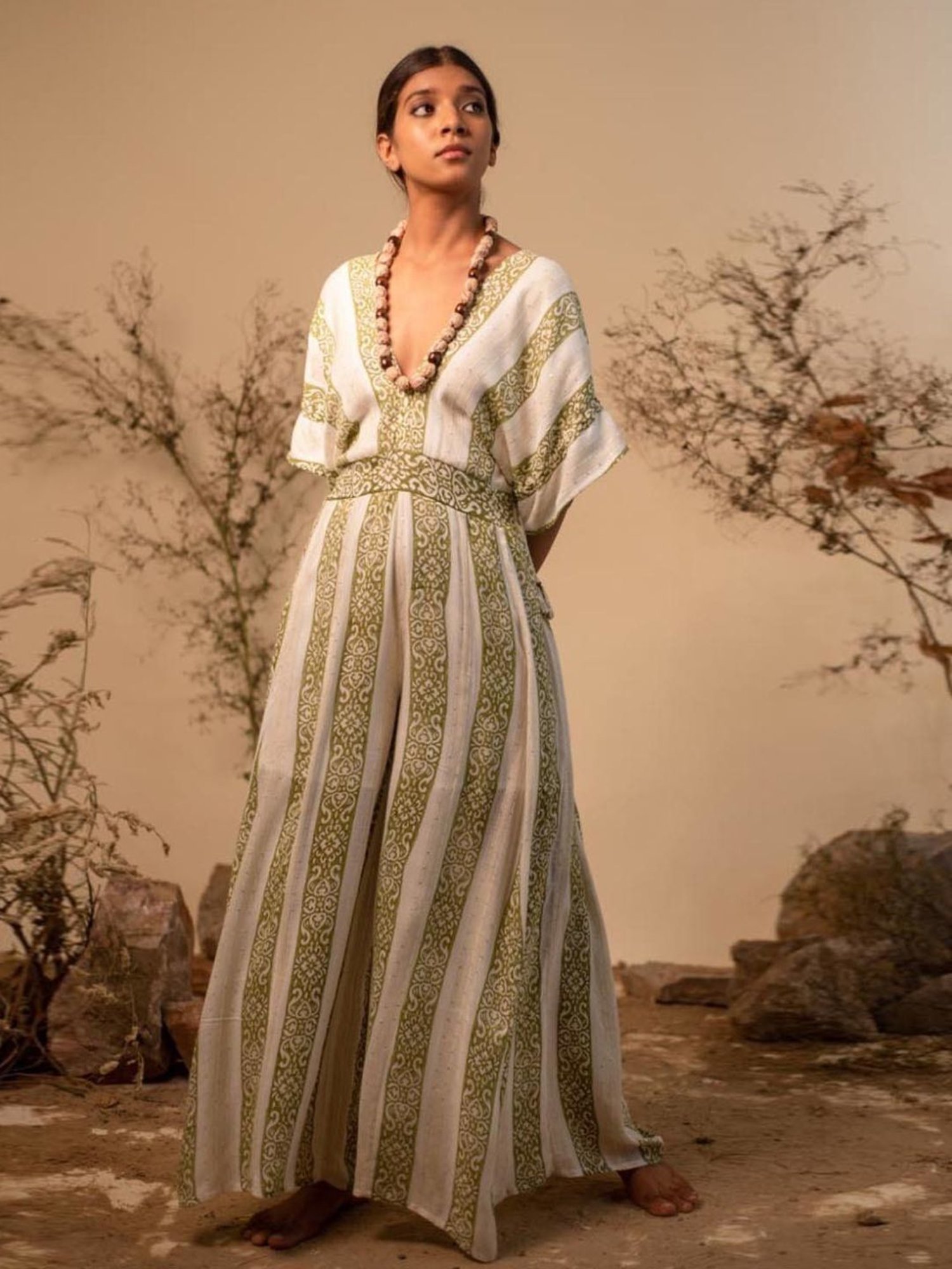 LABEL REYYA Off-White & Green Afro Jumpsuit