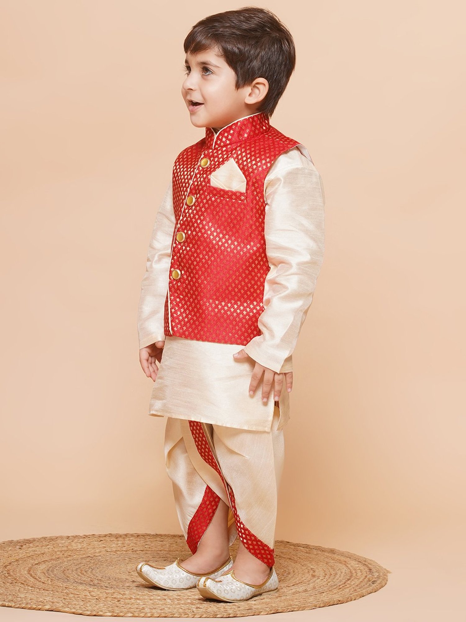 AJ Dezines Kids Beige & Red Self Design Full Sleeves Kurta, Dhoti with Waistcoat