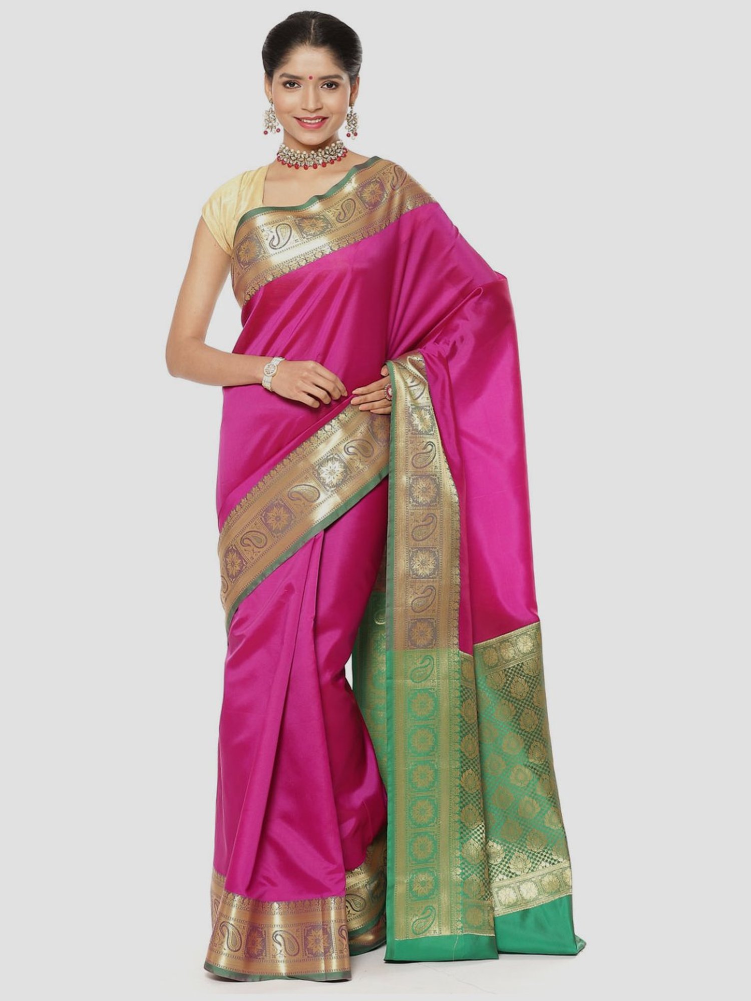 Banarasi Silk Works Pink Woven Saree With Unstitched Blouse