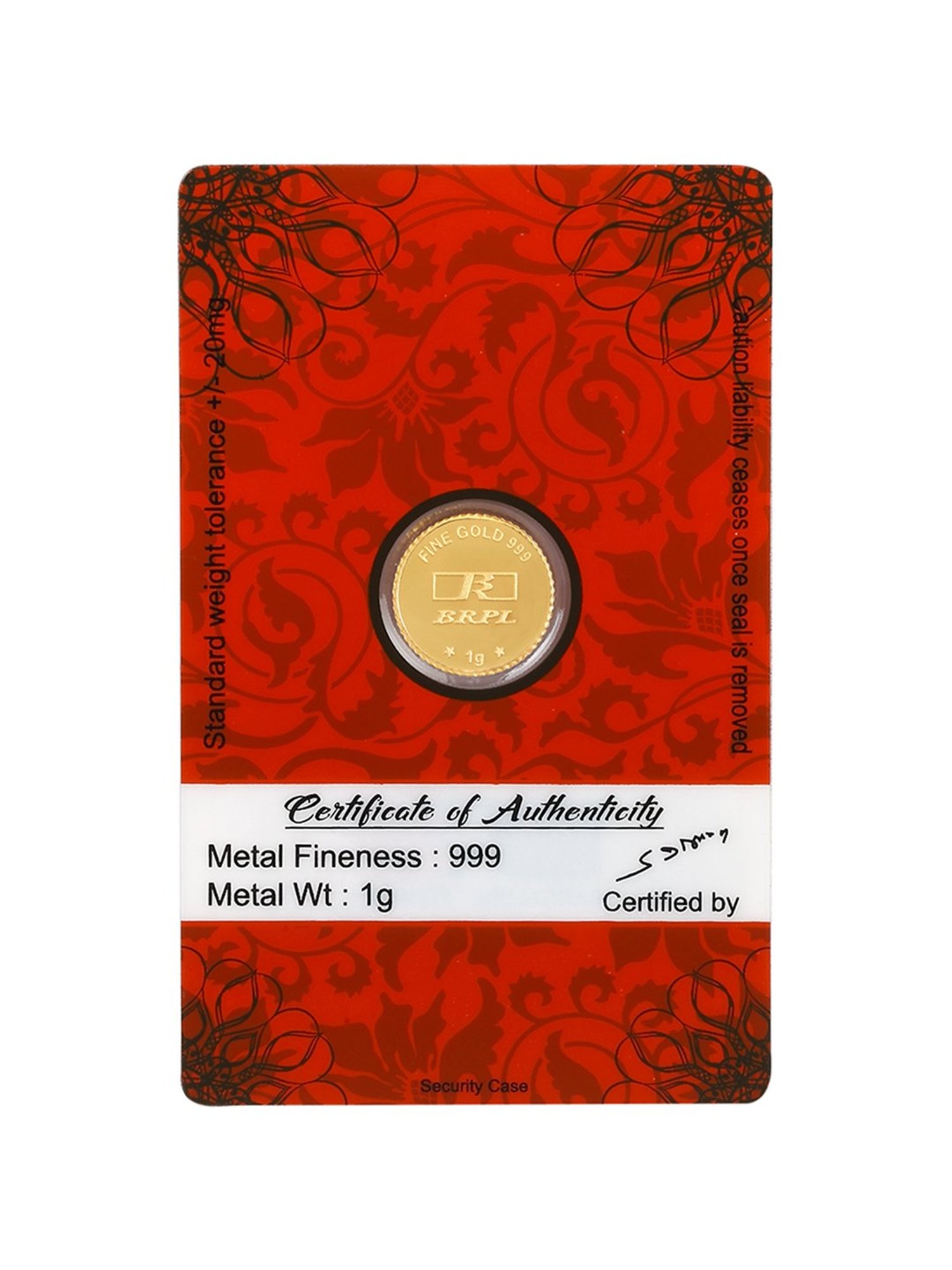 Bangalore Refinery Goddess Lakshmi 24k (999) 1gm Gold Coin