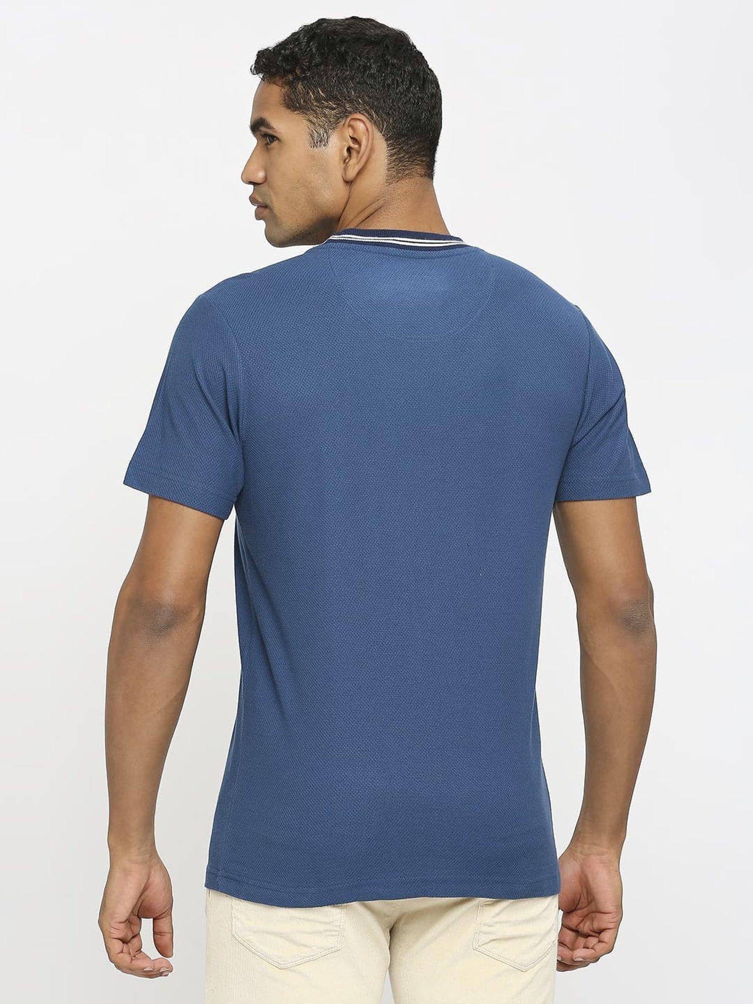 Basics Blue Cotton Muscle Fit T-Shirt