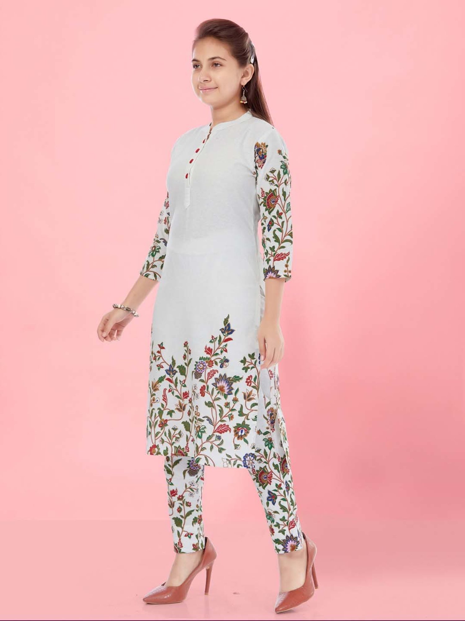 Aarika Kids White Cotton Floral Print Kurti