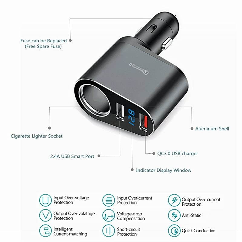 Car Charger Adapter, 60W Cigarette Lighter Socket Splitter, Dual USB Quick Charge 3.0 and 2.4A USB, Voltage Display for iPhone,iPad,Smart Phone,Andriod,Samsung,Dash Cam,GPS (12V-24V)