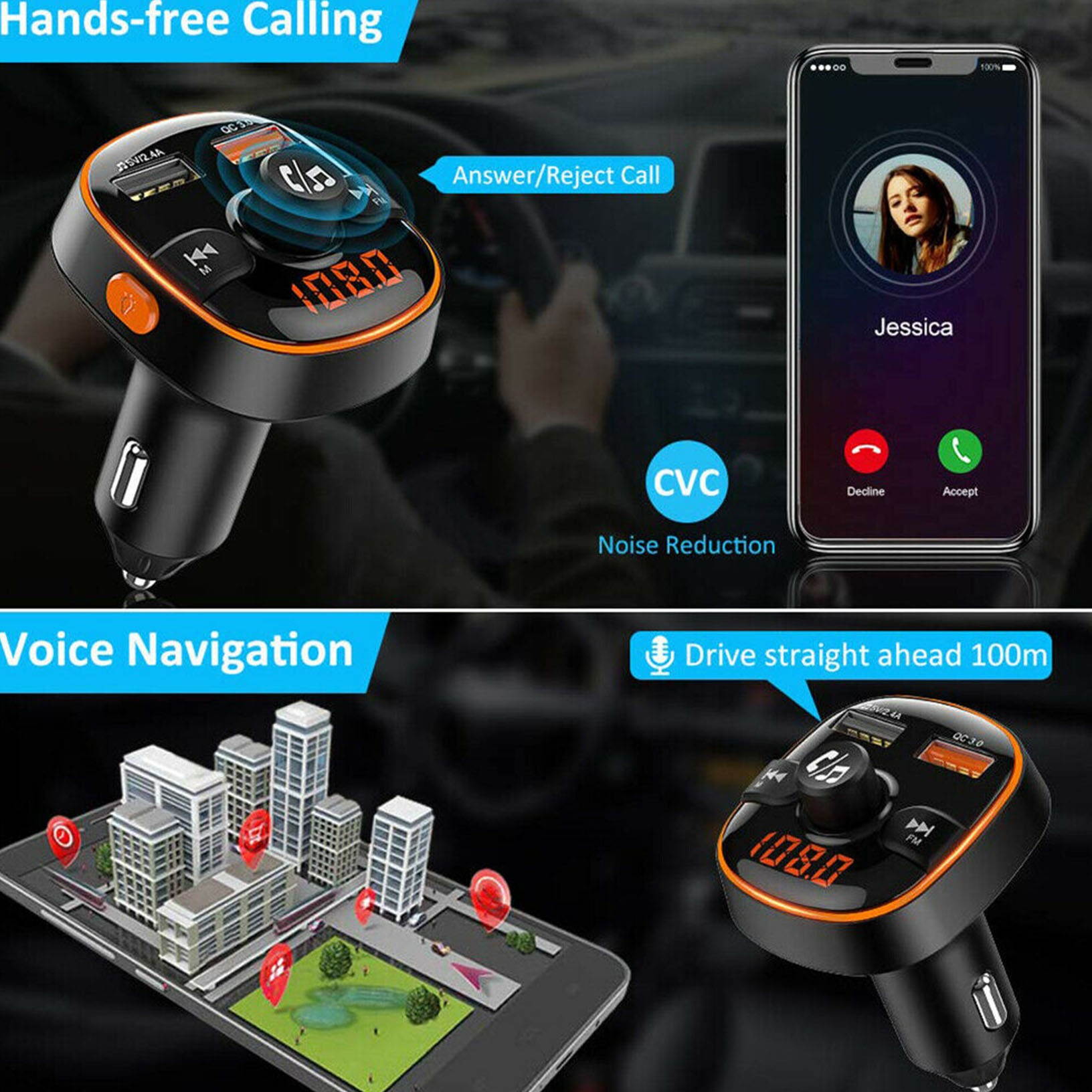 Bluetooth 5.0 FM Transmitter QC3.0 Car Charger 7Color Radio Adapter Handsfree TF