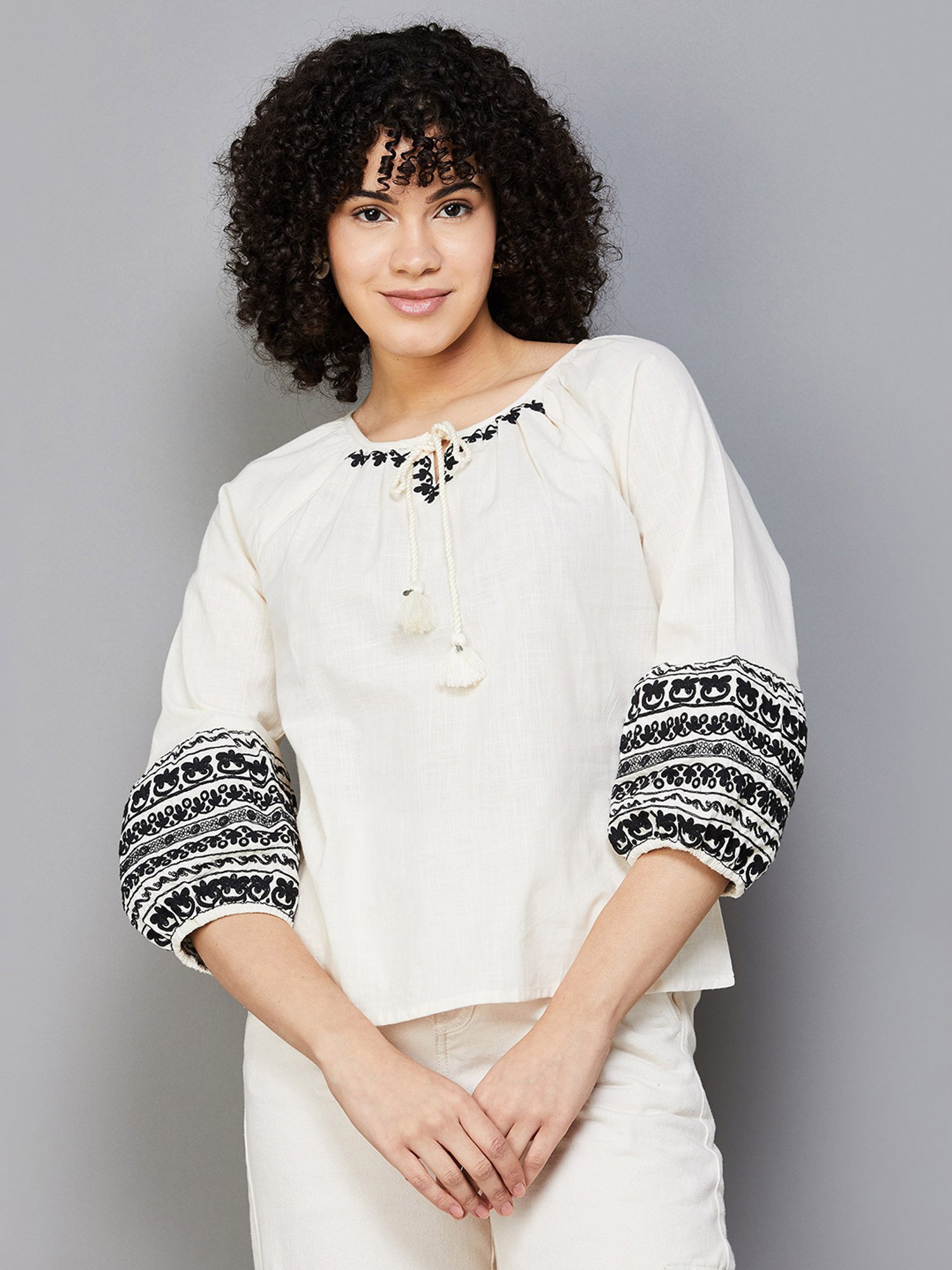 Colour Me by Melange Beige Embroidered Top