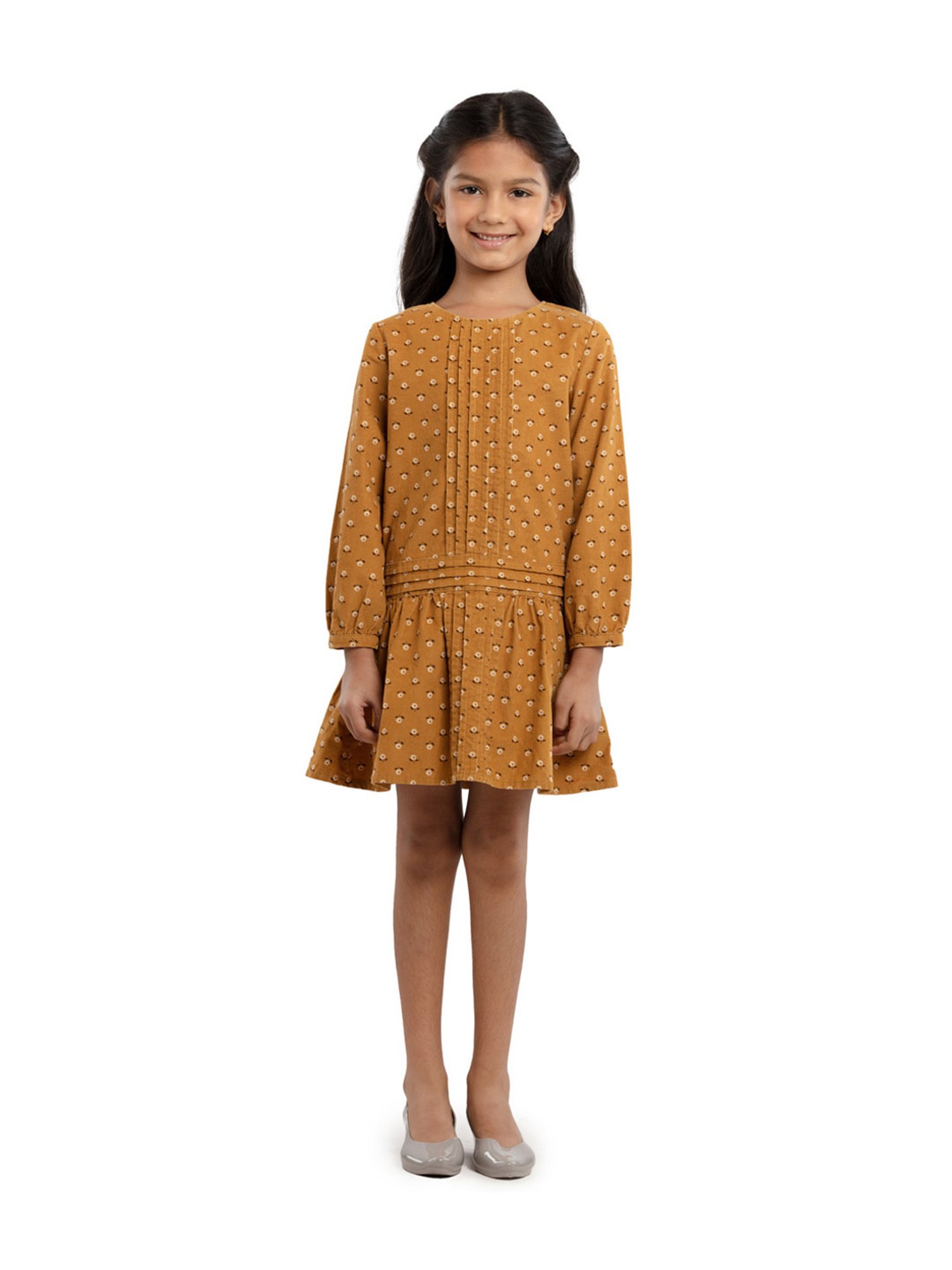 Under Fourteen Only Kids Yellow Floral Print Full Sleeves Dress