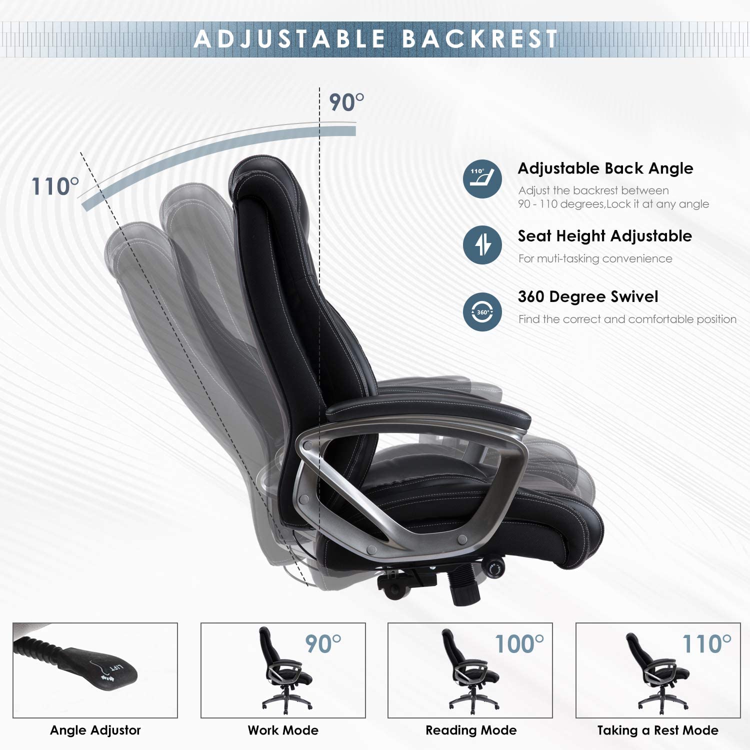 Bonded Leather Office Chair - Adjustable Built-in Lumbar Support and Tilt Angle High Back Executive Computer Desk Chair for Office Workers & Students