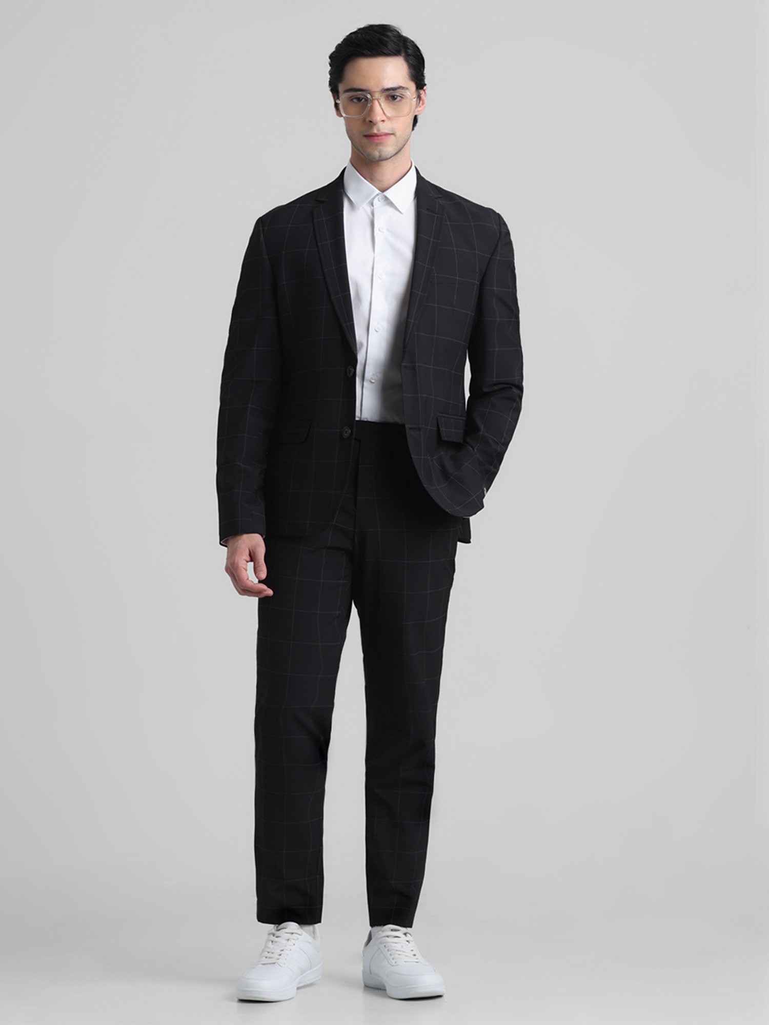Jack & Jones Black Slim Fit Check Flat Front Trousers
