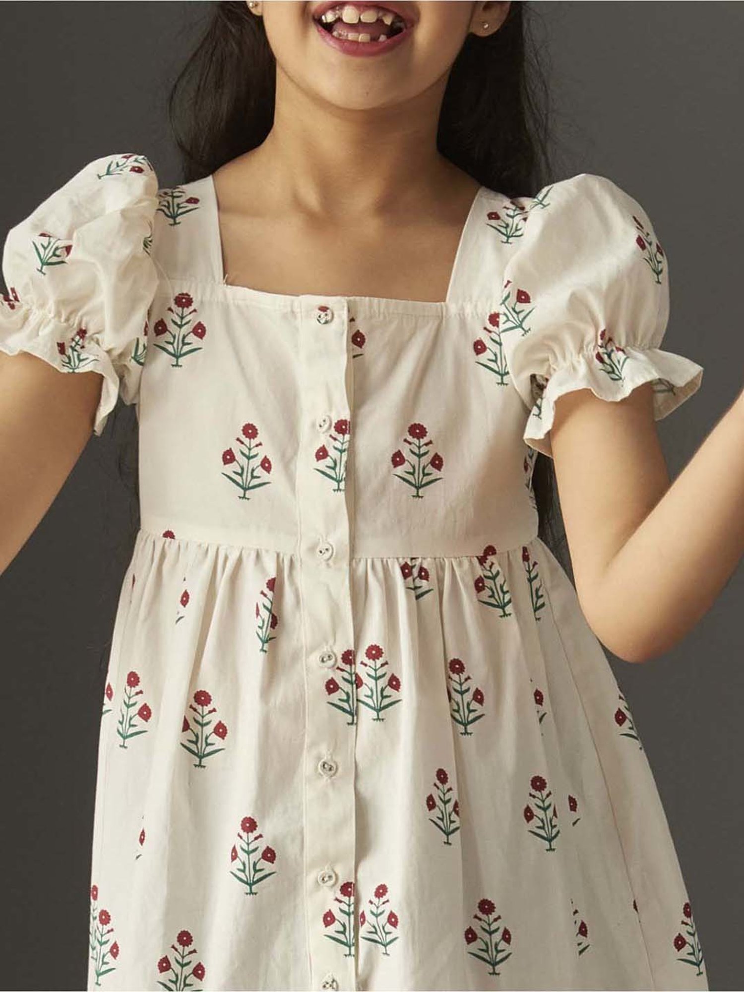 KidsDew Kids White Cotton Floral Print Dress