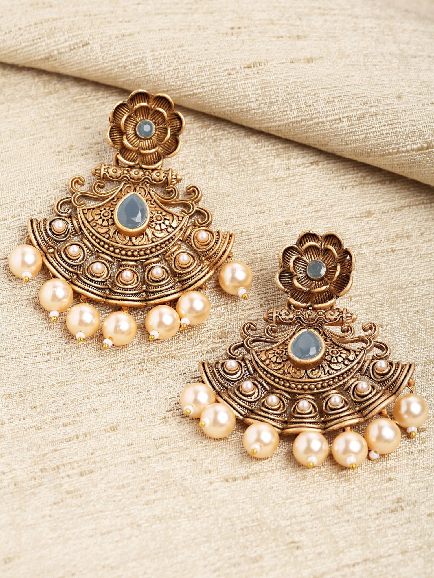 Karatcart Gold-Plated Grey Stone and Pearl Dangler Earrings for Women