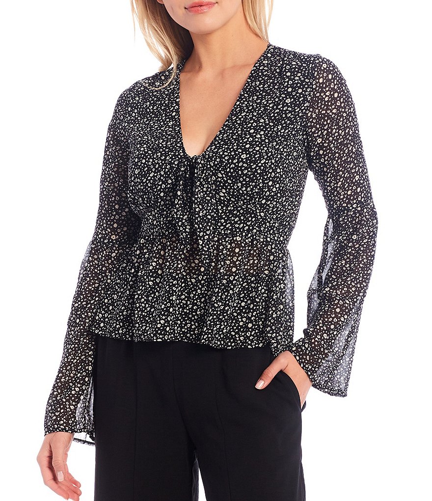 Sugarlips Polka Dot Tie-Front V-Neck Bell Sleeve Babydoll Top