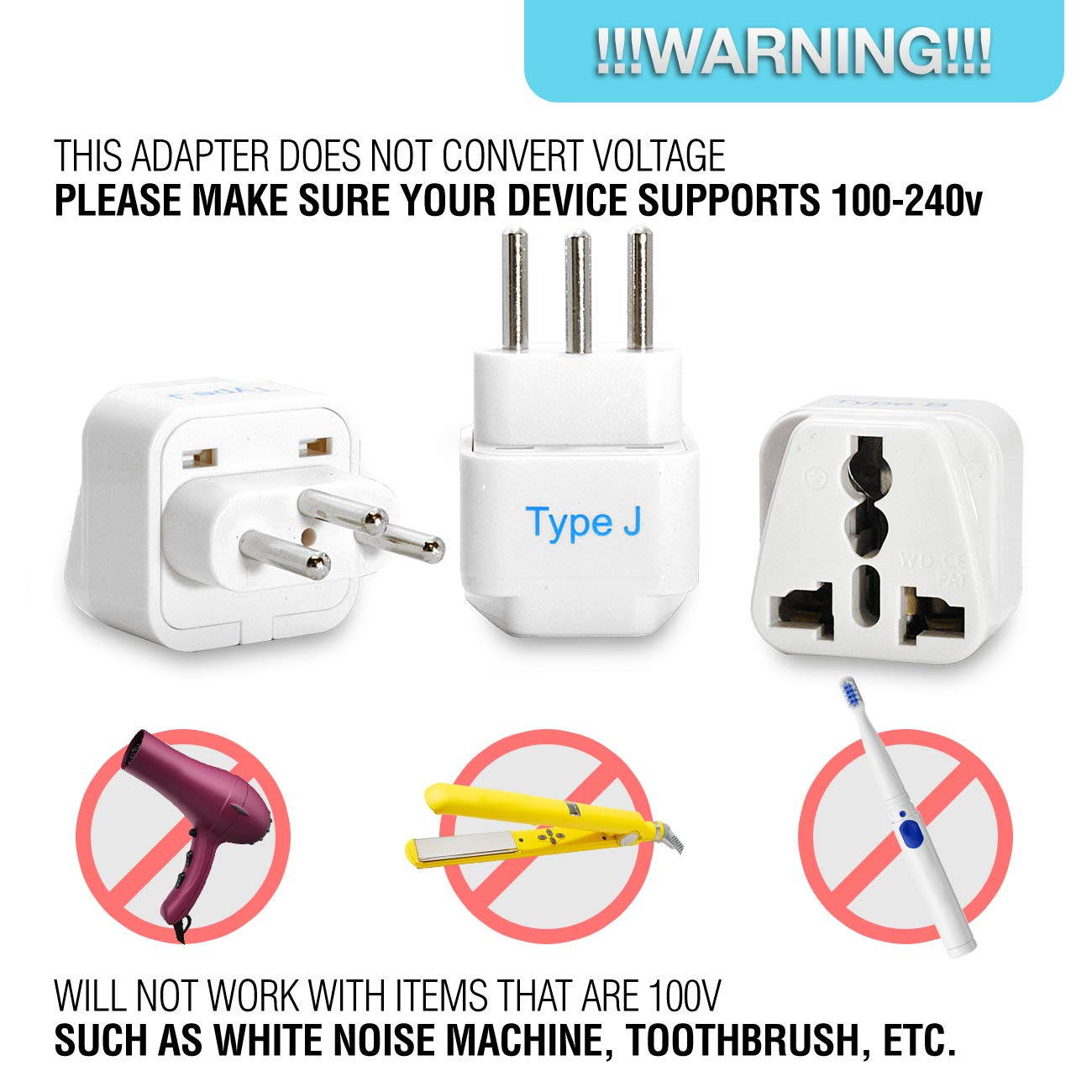 Ceptics Switzerland Travel Plug Adapter (Type J), Universal Socket Plug Accepts Plugs From any Country, Perfect for Cell Phones, Laptops, Chargers and More - 3 Pack (GP-11A)