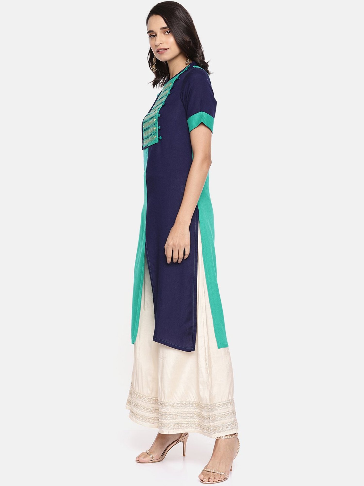 Alena Green & Navy Embroidered Straight Kurta