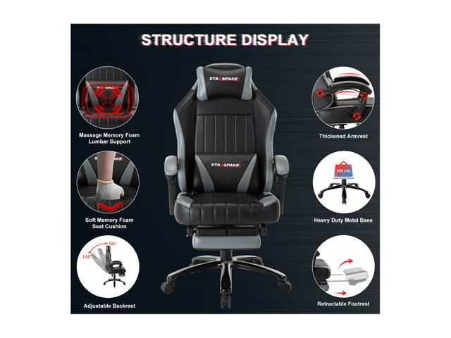 STARSPACE High Back 350lb Memory Foam Ergonomic Reclining Gaming Chair Metal Base - Adjustable Back Angle and Retractable Footrest Racing Executive Computer Desk Office Chair with Thick Padded Arms