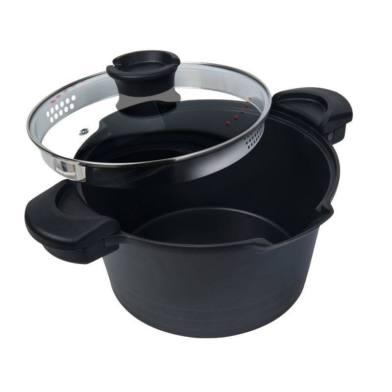 MasterPan 5qt Stock N' Pasta Pot with Handles and Easy Pour Strainer Glass Lid Black