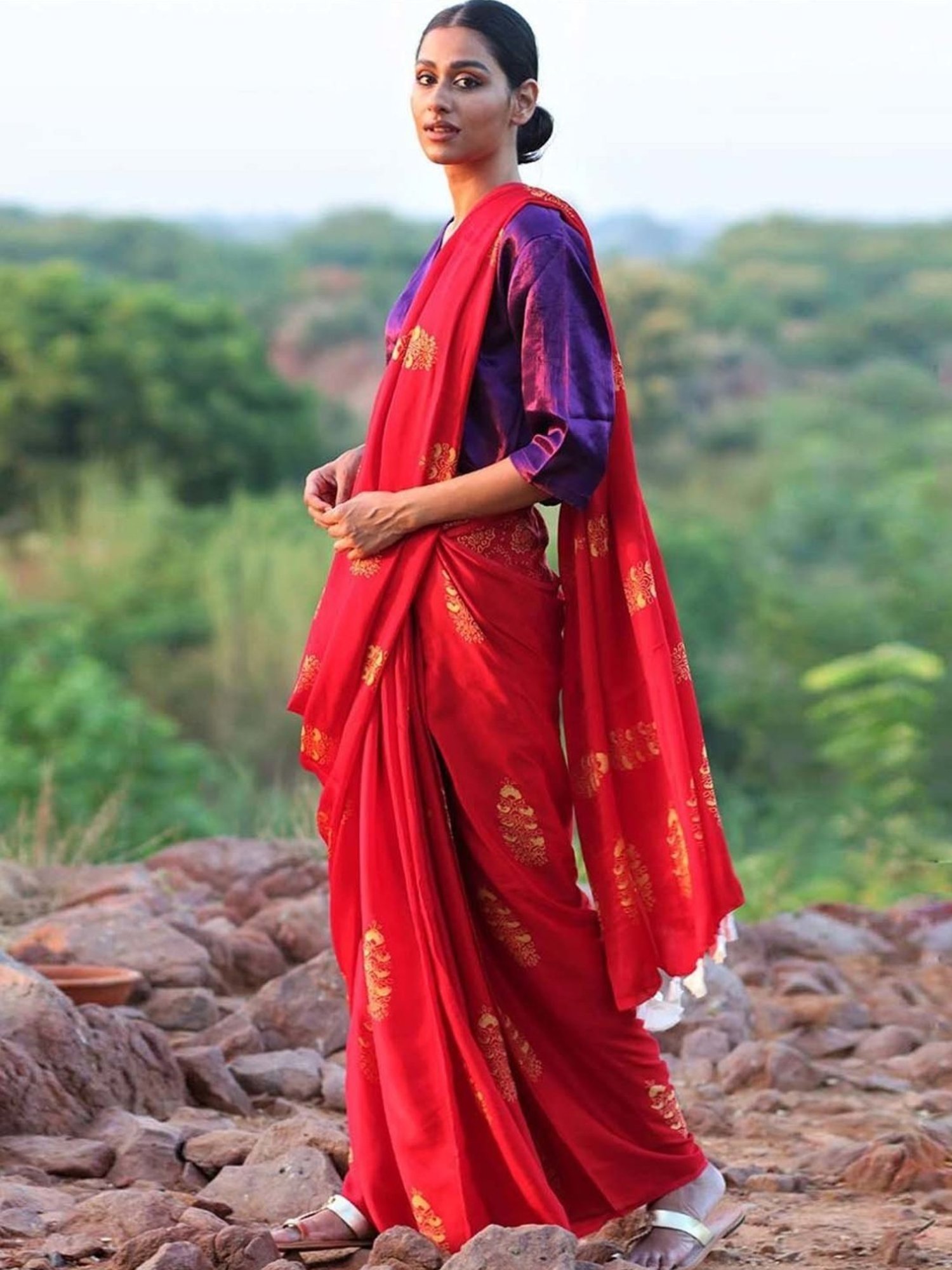 Chidiyaa Red Rang Block Printed Modal Silk Saree